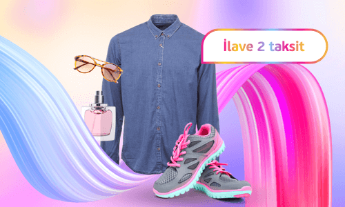 Mavi kot gömlek, spor ayakkabı, güneş gözlüğü ve parfüm şişesinin yer aldığı ve  ilave 2 taksit ayrı