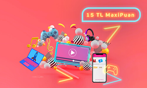 Havada uçan telefon, TV, PC ve oyun ikonları. 15 TL MaxiPuan bilgisi