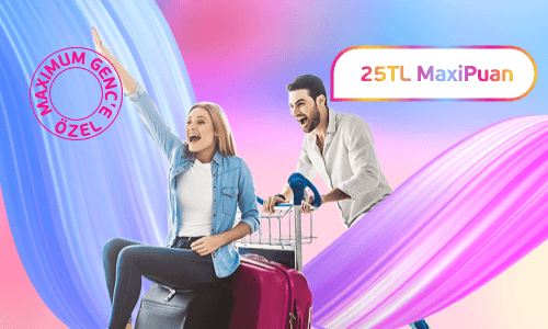 Valiz taşıyıcısı süren genç erkek, valizlerin üzerine oturmuş genç kadın ve 25 TL MaxiPuan ifadesi