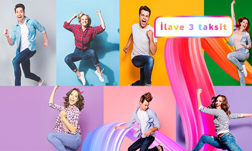 Zıplayan, koşan, mutlu 4 kadın ve 3 erkek görseli ve ilave 3 taksit ifadesi