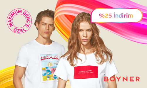 Pembe-sarı dalga üzerinde genç kız ve genç erkek, Boyner'de Maximum Genç'e özel %25 indirim ifadesi