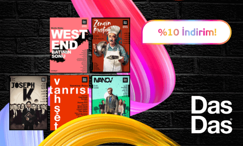 Pembe dalga üzerinde DasDas'ın tiyatro oyunlarının afişleri ve %10 indirim ifadesi