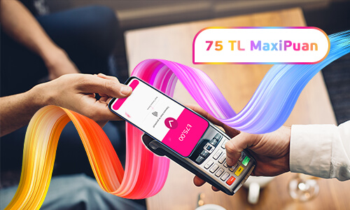 Akıllı telefonunu POS cihazına uzatmış, Maximum Mobil ile temassız ödeme yapan el ve 75 TL MaxiPuan