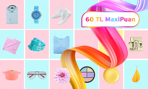 Pembe ve mavi kareler üzerinde gömlek, saat, ayakkabı, gözlük, tişort görselleri ve 60 TL MaxiPuan