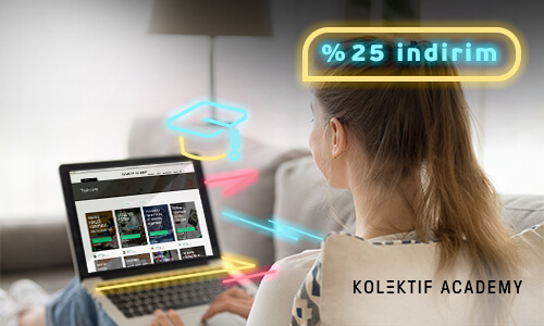 Laptop'la evde çalışan bir kız ve Kolektif academy kampanya bilgisi