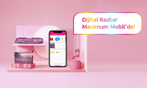 Açık pembe zeminde akıllı telefon, sinema klaketi, klavye, nota görseli ve Dijital Kodlar Maximum Mo