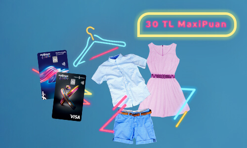 Kart ve erkek kadın kıyafetleri, 30 TL MaxiPuan bilgisi 