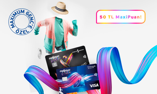 Beyaz zeminde tişört, şapka, Maximum Genç kart görselleri ve 50 TL MaxiPuan ifadesi