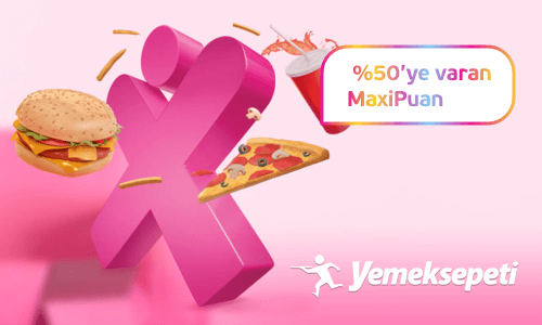Maximum logosunun X'i çevresinde hamburger, pizza, kola ile Yemeksepeti'nde %50'ye varan MaxiPuan