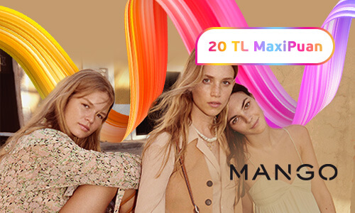 Mango marka kıyafetleri ile poz vermiş üç genç kadın ve 20 TL MaxiPuan ifadesi